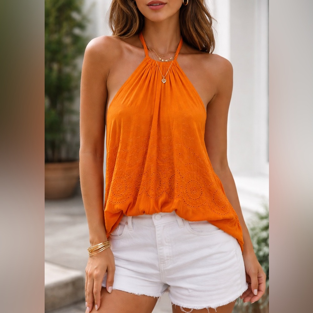 Marciano Orange Halter Top Eyelet Embroidered Sleeveless Blouse Summer Boho Chic